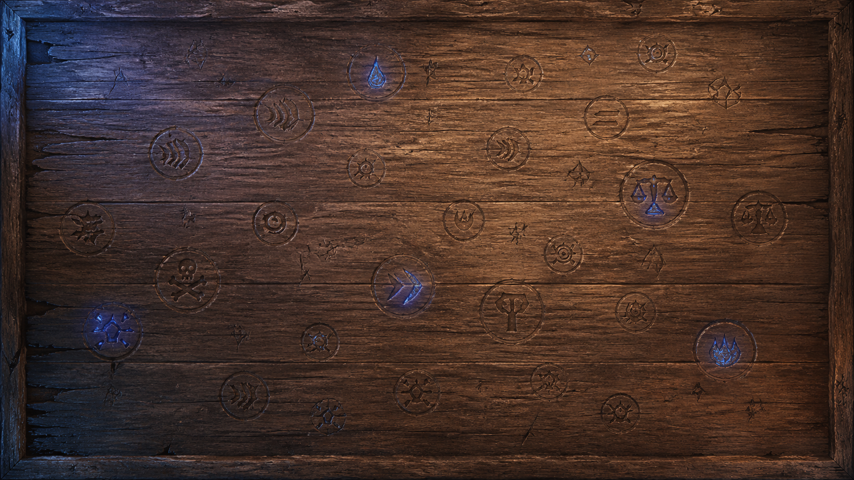 BlueMoon game board with carved skill emblems